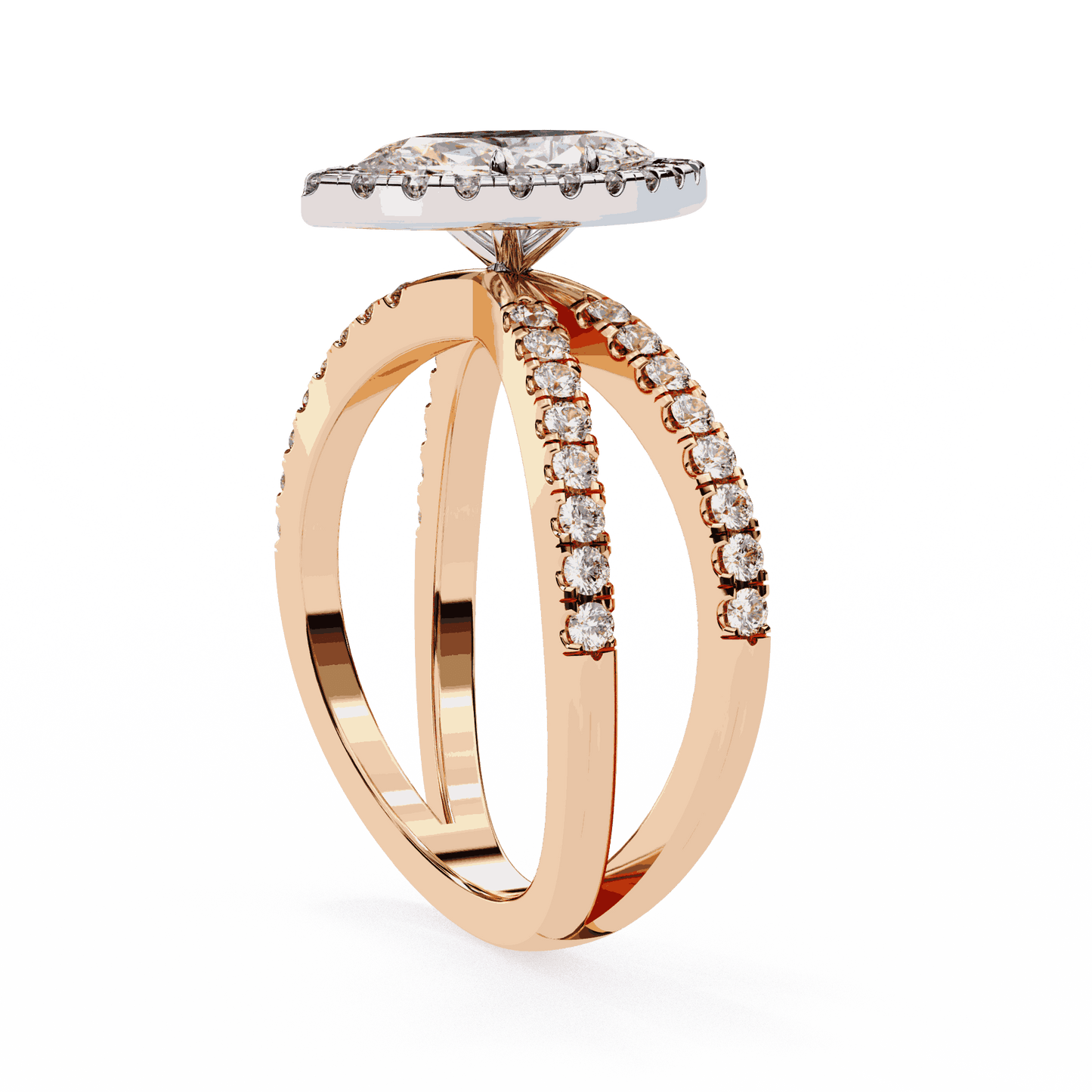 Marquise Cut Lab Grown Diamond Halo Engagement Ring with Pavé Crossover Shank