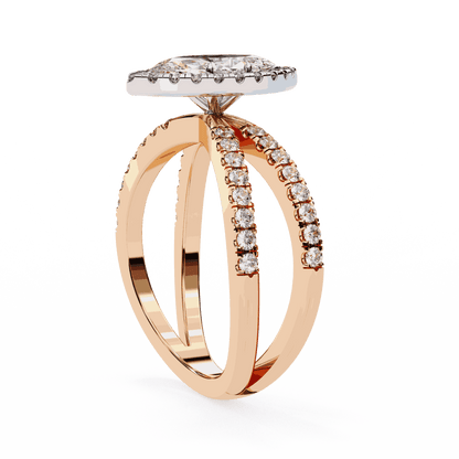 Marquise Cut Lab Grown Diamond Halo Engagement Ring with Pavé Crossover Shank