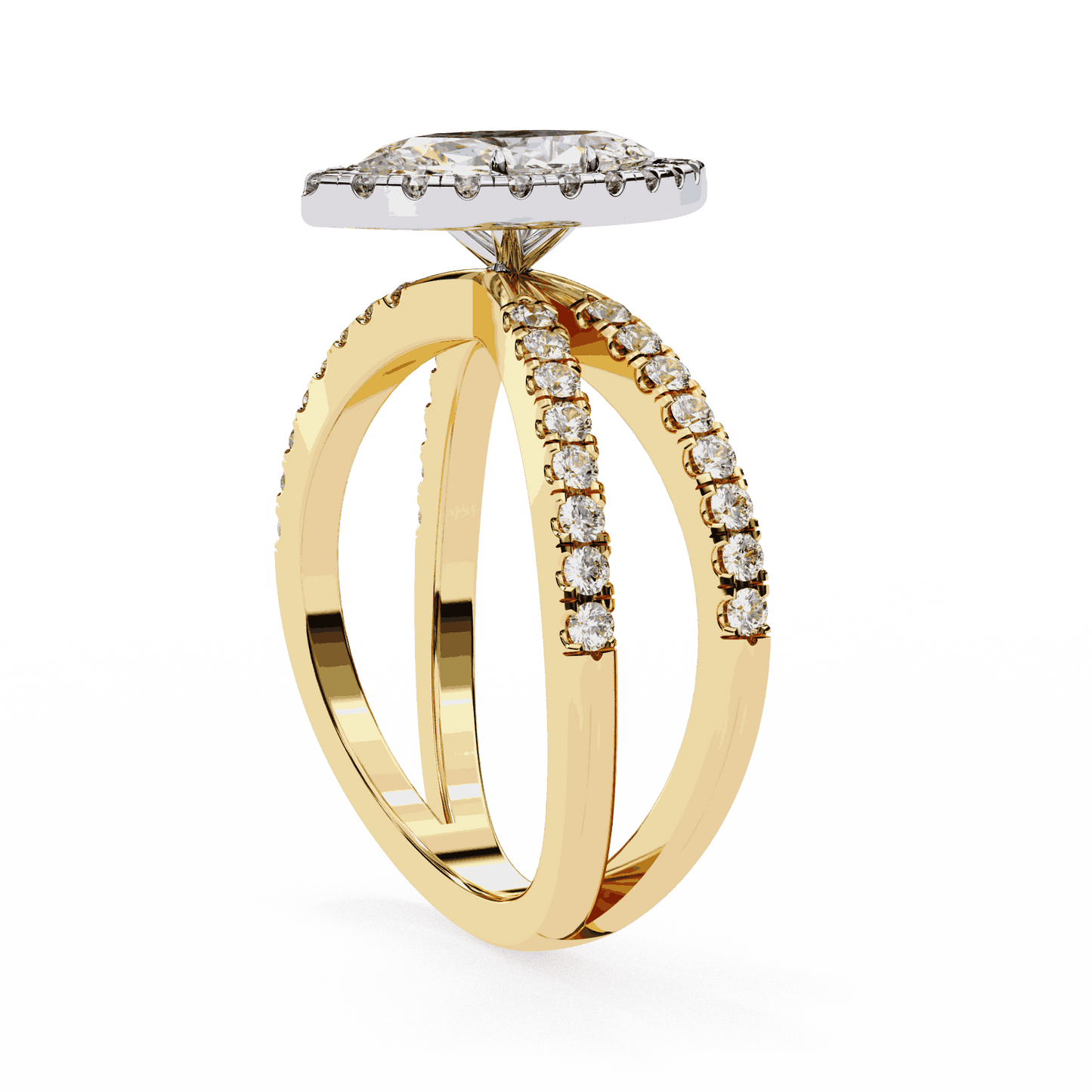 Marquise Cut Lab Grown Diamond Halo Engagement Ring with Pavé Crossover Shank