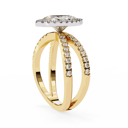 Marquise Cut Lab Grown Diamond Halo Engagement Ring with Pavé Crossover Shank
