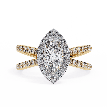 Marquise Cut Lab Grown Diamond Halo Engagement Ring with Pavé Crossover Shank