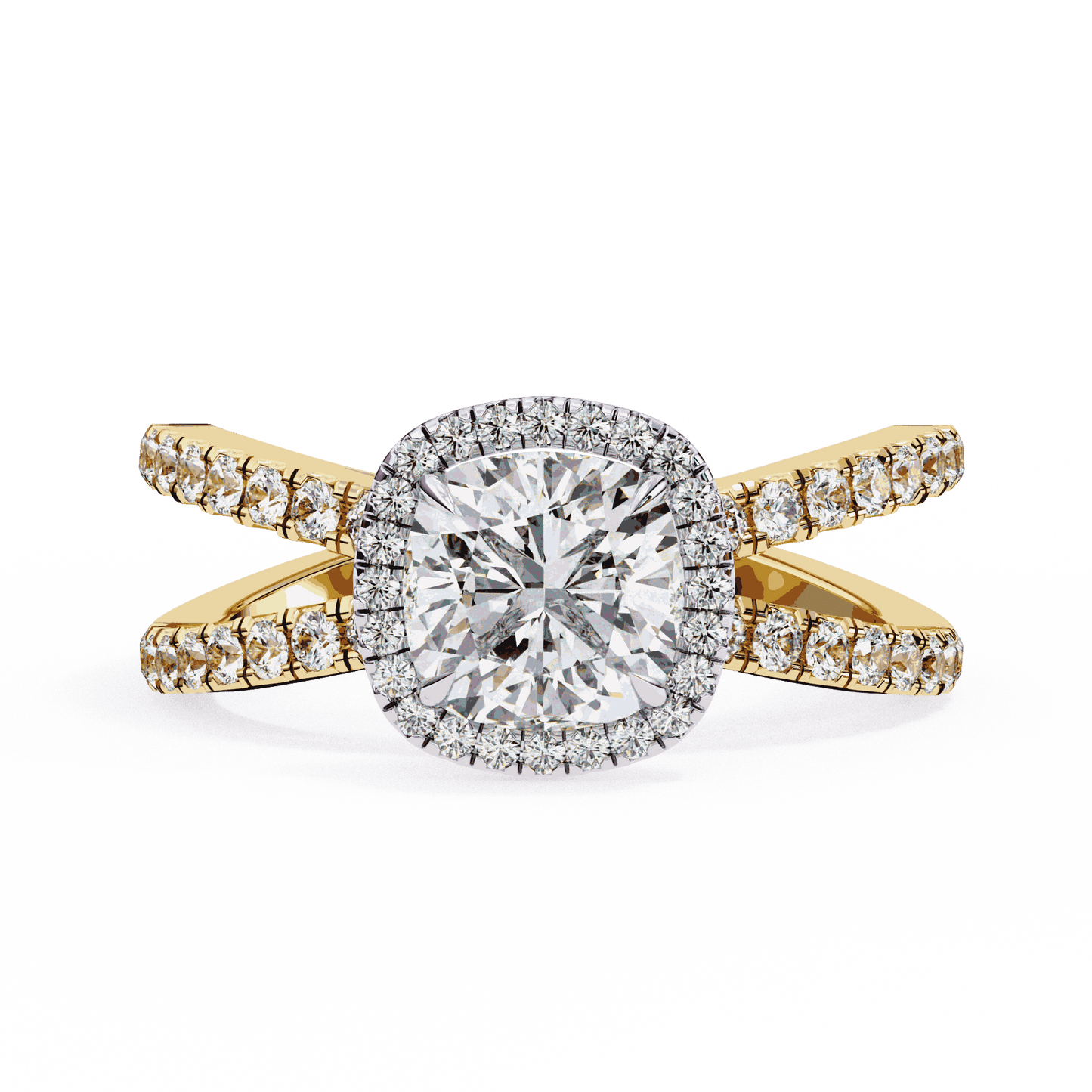 Cushion Cut Lab Grown Diamond Halo Engagement Ring with Pavé Crossover Shank