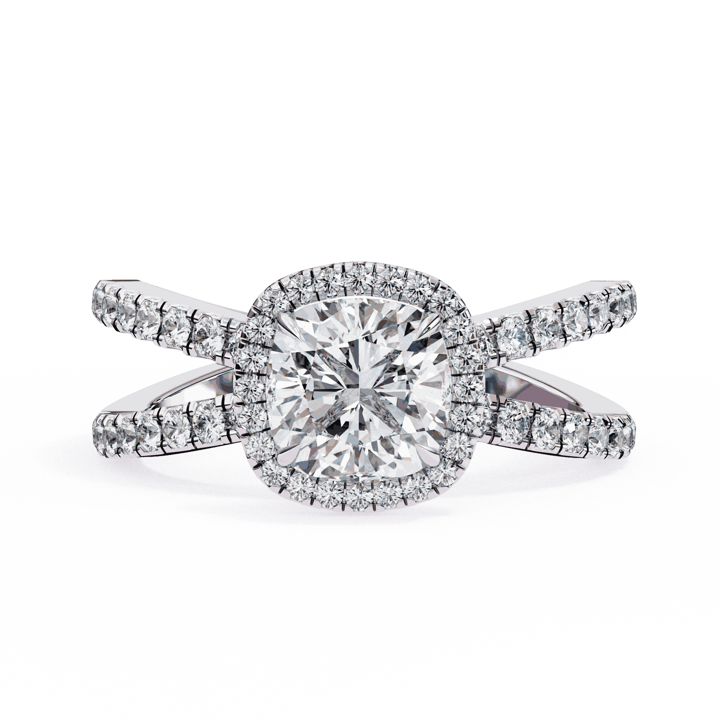 Cushion Cut Lab Grown Diamond Halo Engagement Ring with Pavé Crossover Shank