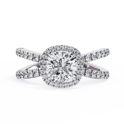 Cushion Cut Lab Grown Diamond Halo Engagement Ring with Pavé Crossover Shank