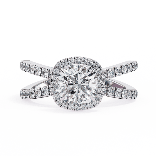 Cushion Cut Lab Grown Diamond Halo Engagement Ring with Pavé Crossover Shank