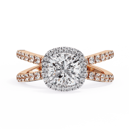 Cushion Cut Lab Grown Diamond Halo Engagement Ring with Pavé Crossover Shank