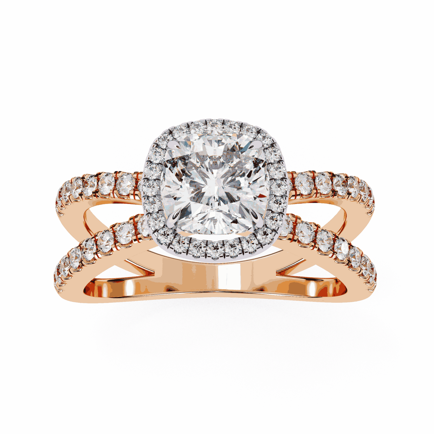 Cushion Cut Lab Grown Diamond Halo Engagement Ring with Pavé Crossover Shank
