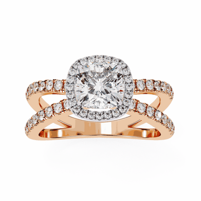 Cushion Cut Lab Grown Diamond Halo Engagement Ring with Pavé Crossover Shank