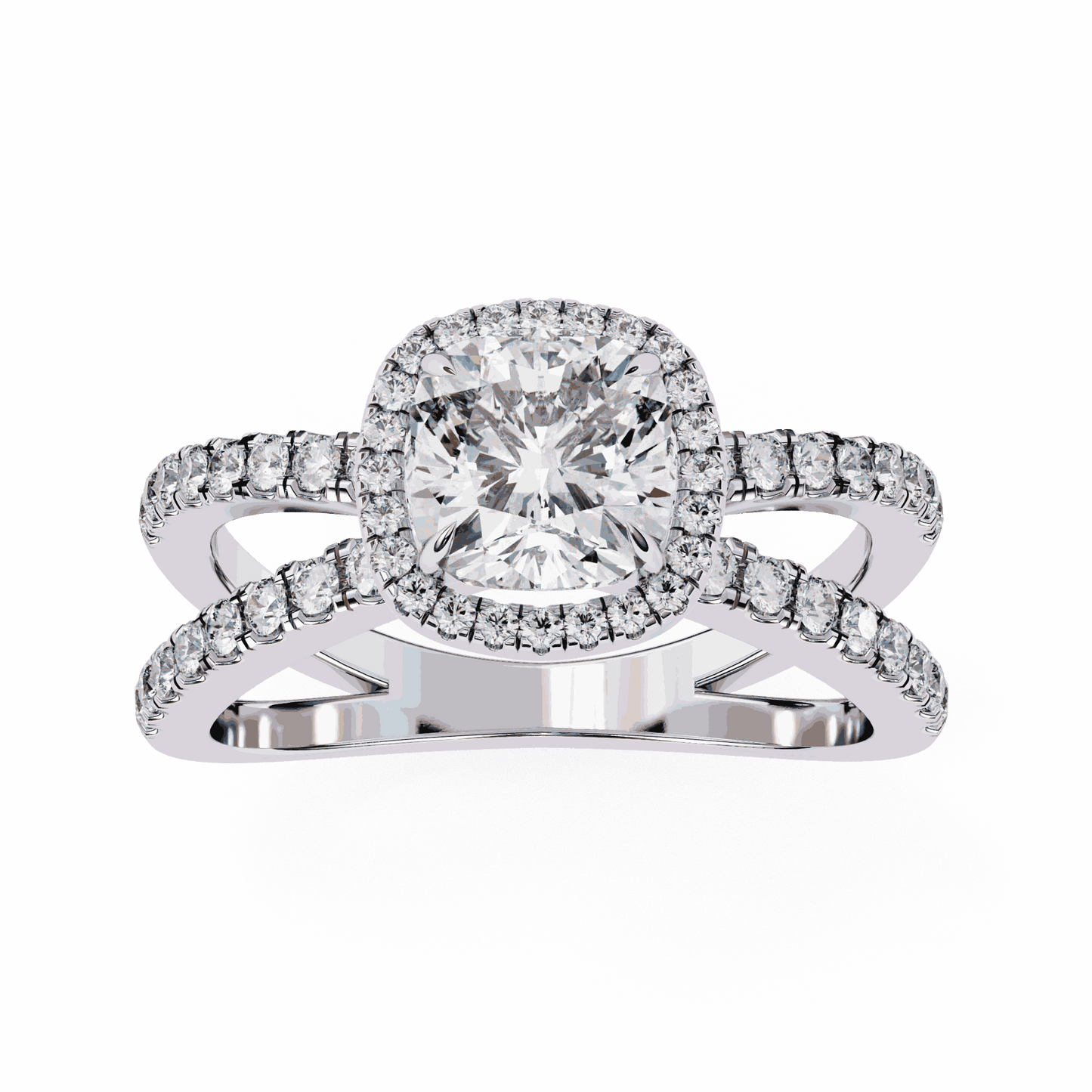 Cushion Cut Lab Grown Diamond Halo Engagement Ring with Pavé Crossover Shank