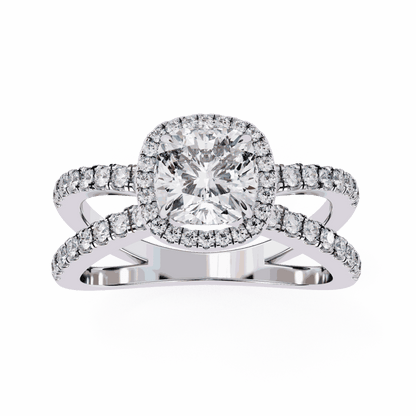 Cushion Cut Lab Grown Diamond Halo Engagement Ring with Pavé Crossover Shank