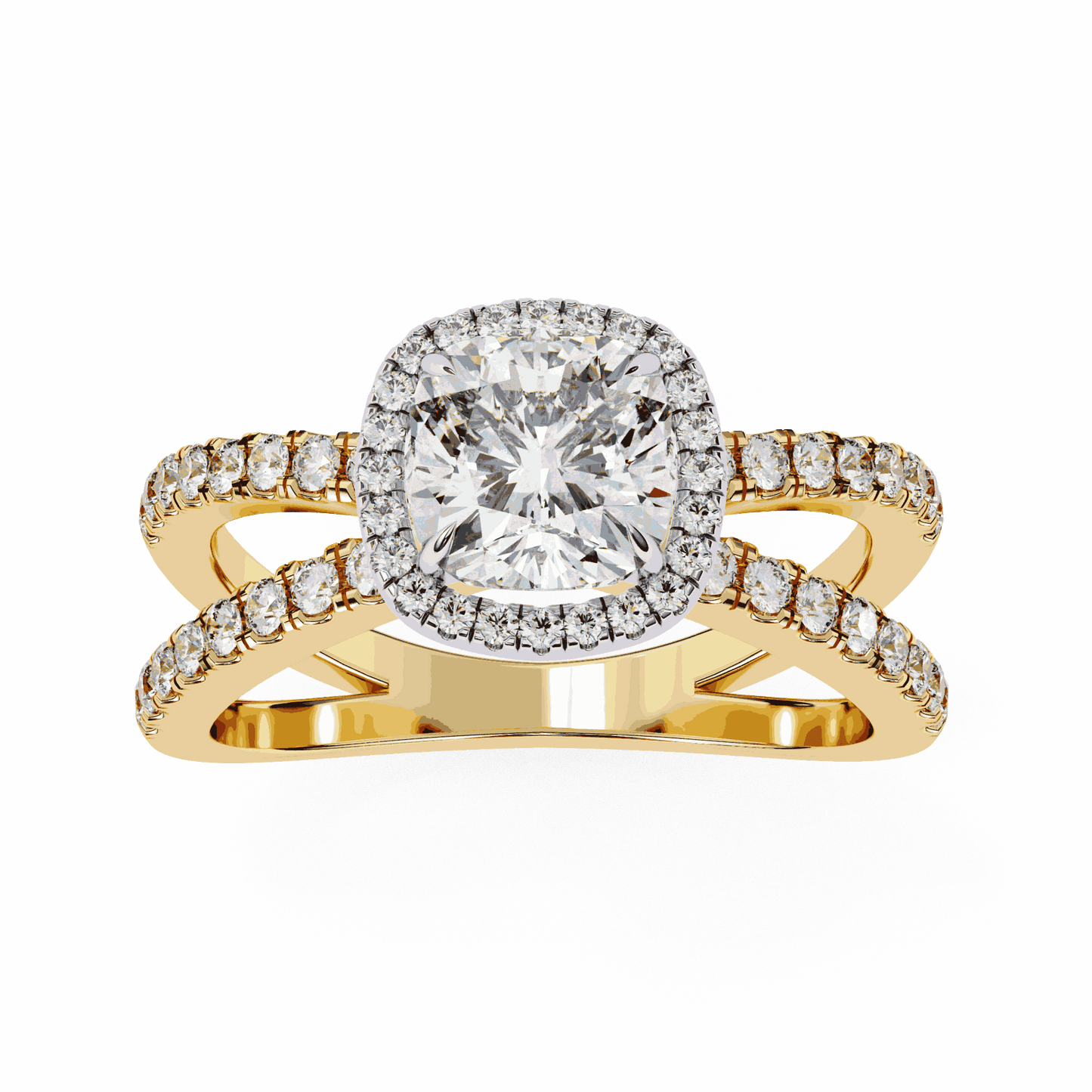 Cushion Cut Lab Grown Diamond Halo Engagement Ring with Pavé Crossover Shank