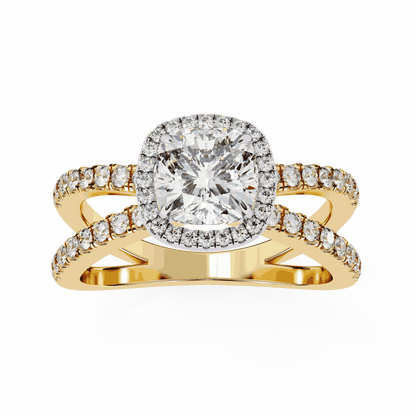 Cushion Cut Lab Grown Diamond Halo Engagement Ring with Pavé Crossover Shank