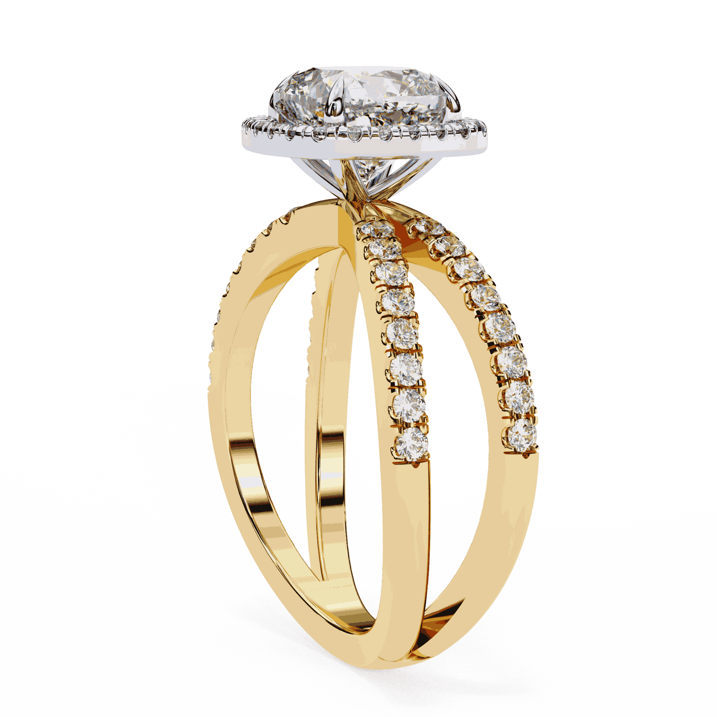 Cushion Cut Lab Grown Diamond Halo Engagement Ring with Pavé Crossover Shank