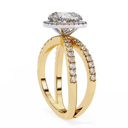 Cushion Cut Lab Grown Diamond Halo Engagement Ring with Pavé Crossover Shank