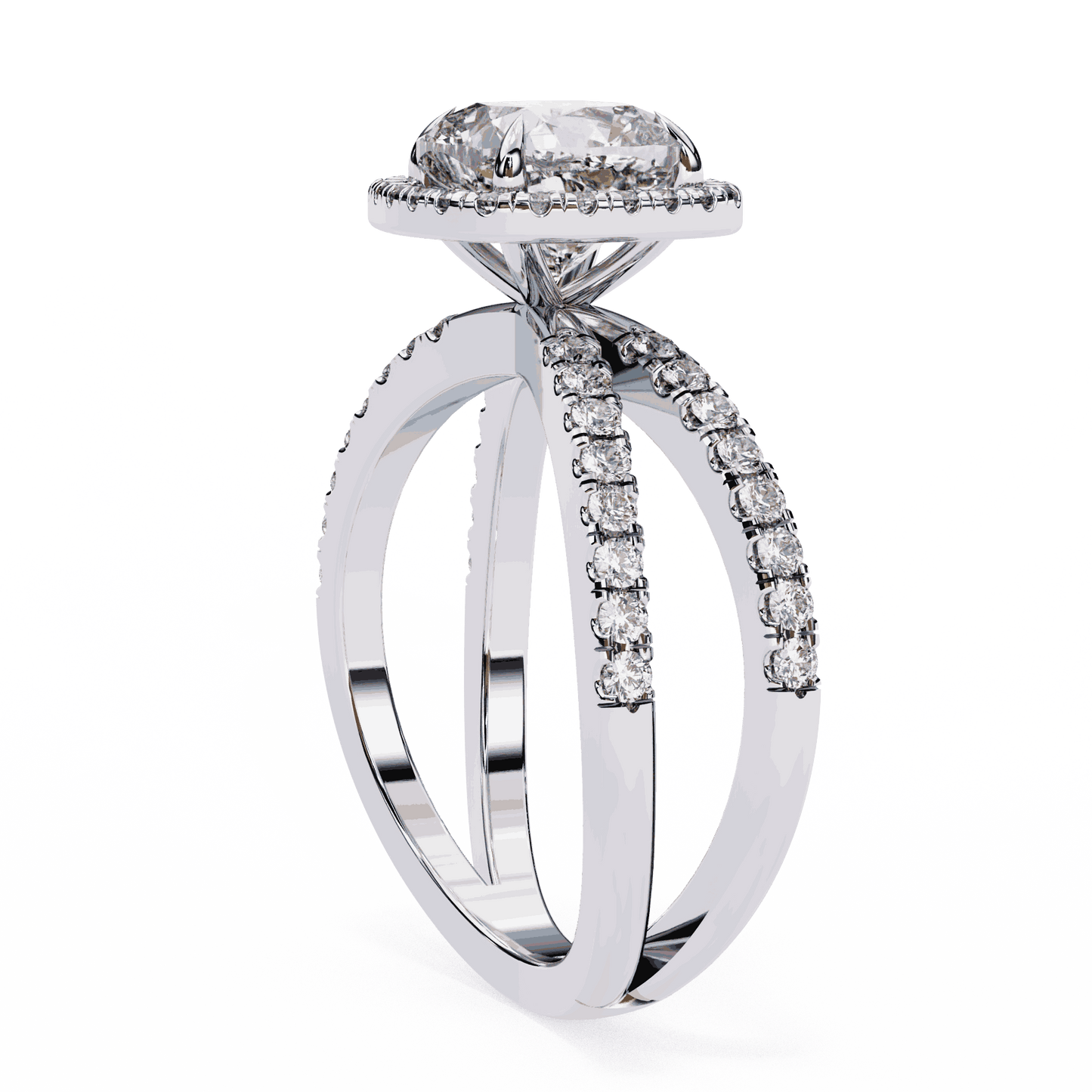 Cushion Cut Lab Grown Diamond Halo Engagement Ring with Pavé Crossover Shank