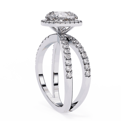 Cushion Cut Lab Grown Diamond Halo Engagement Ring with Pavé Crossover Shank