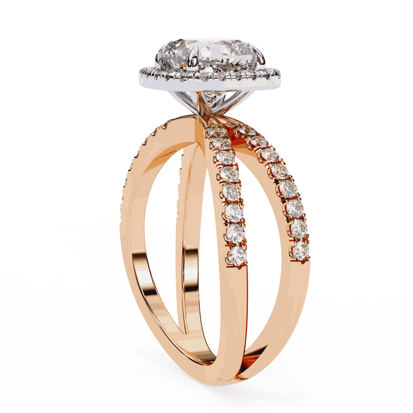 Cushion Cut Lab Grown Diamond Halo Engagement Ring with Pavé Crossover Shank