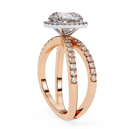 Cushion Cut Lab Grown Diamond Halo Engagement Ring with Pavé Crossover Shank