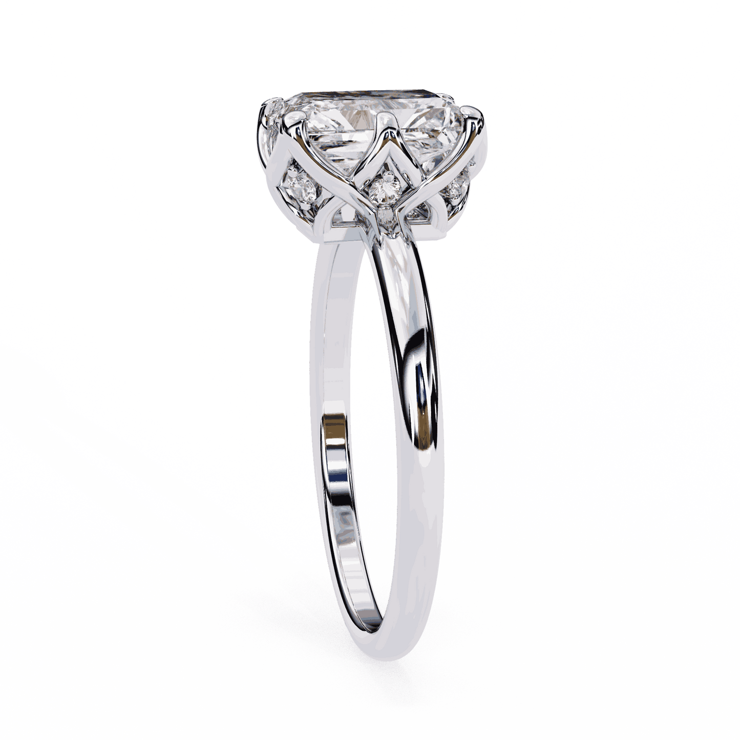 Emerald Cut Lab Grown Diamond Solitaire Engagement Ring with Criss-Cross Gallery and Hidden Accents