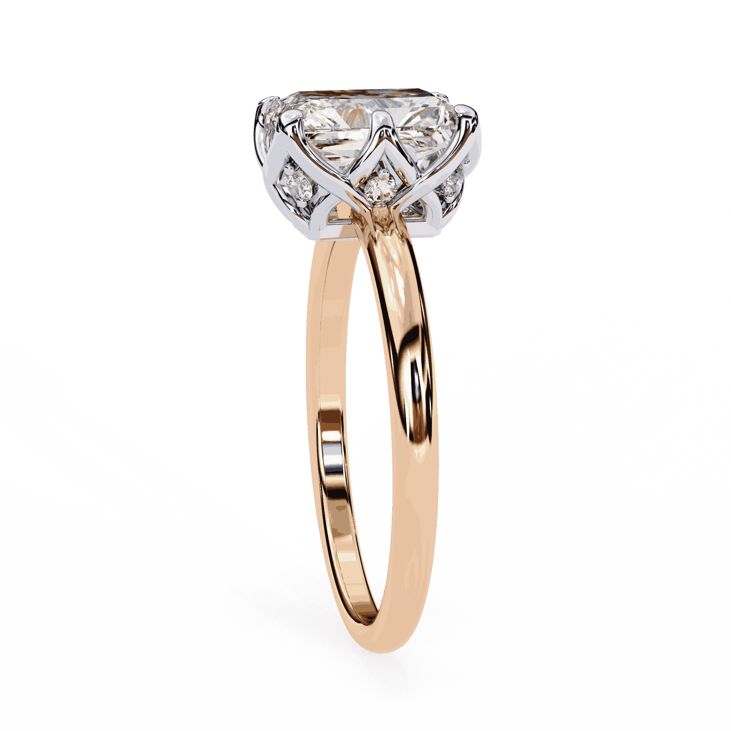 Emerald Cut Lab Grown Diamond Solitaire Engagement Ring with Criss-Cross Gallery and Hidden Accents
