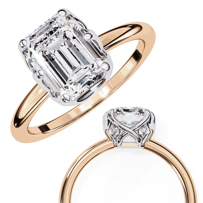 Emerald Cut Lab Grown Diamond Solitaire Engagement Ring with Criss-Cross Gallery and Hidden Accents