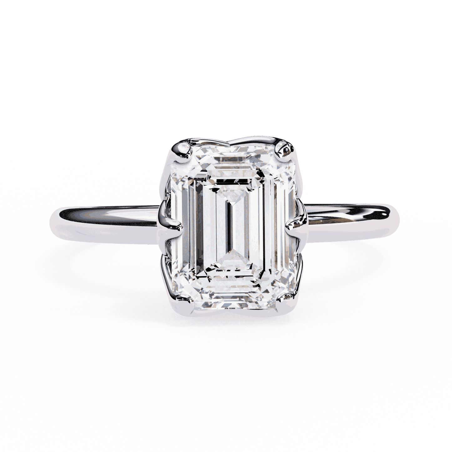 Emerald Cut Lab Grown Diamond Solitaire Engagement Ring with Criss-Cross Gallery and Hidden Accents