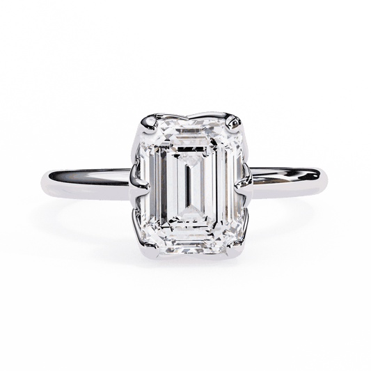 Emerald Cut Lab Grown Diamond Solitaire Engagement Ring with Criss-Cross Gallery and Hidden Accents