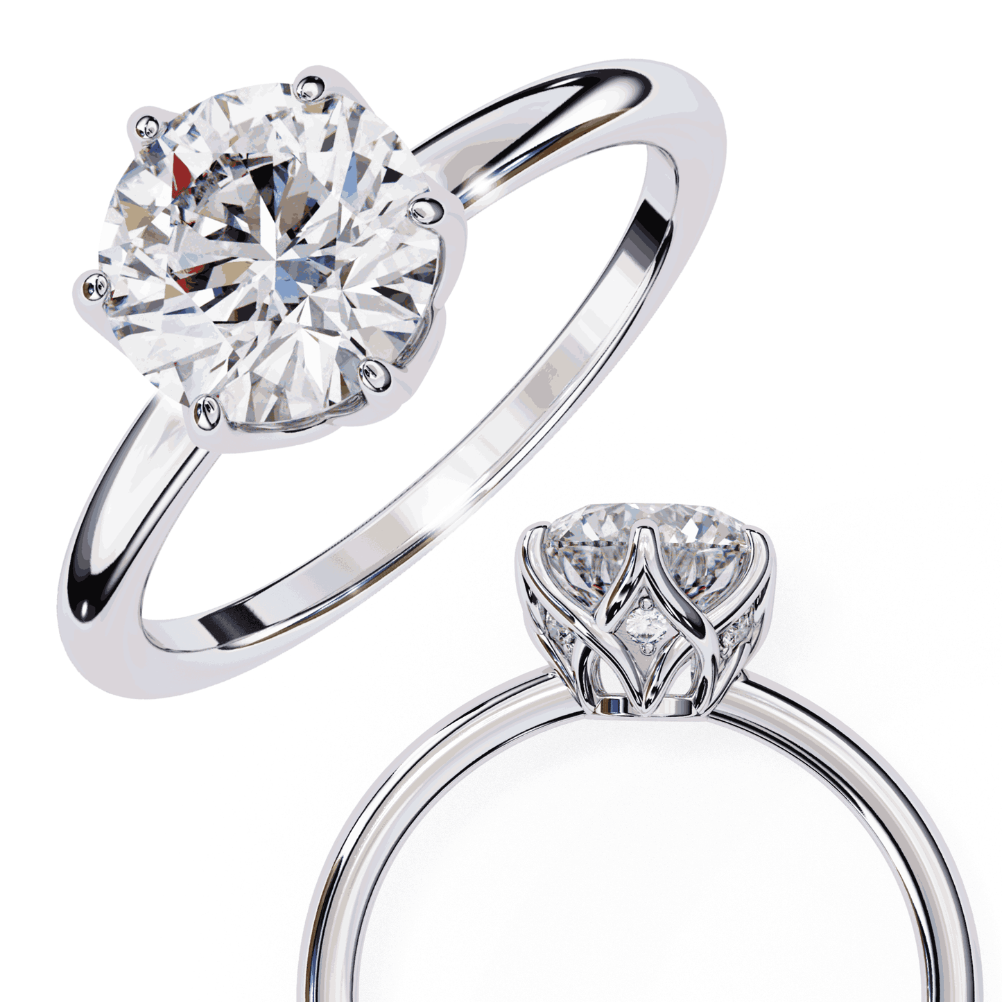Round Cut Lab Grown Diamond Solitaire Engagement Ring with Tulip Gallery and Hidden Accents