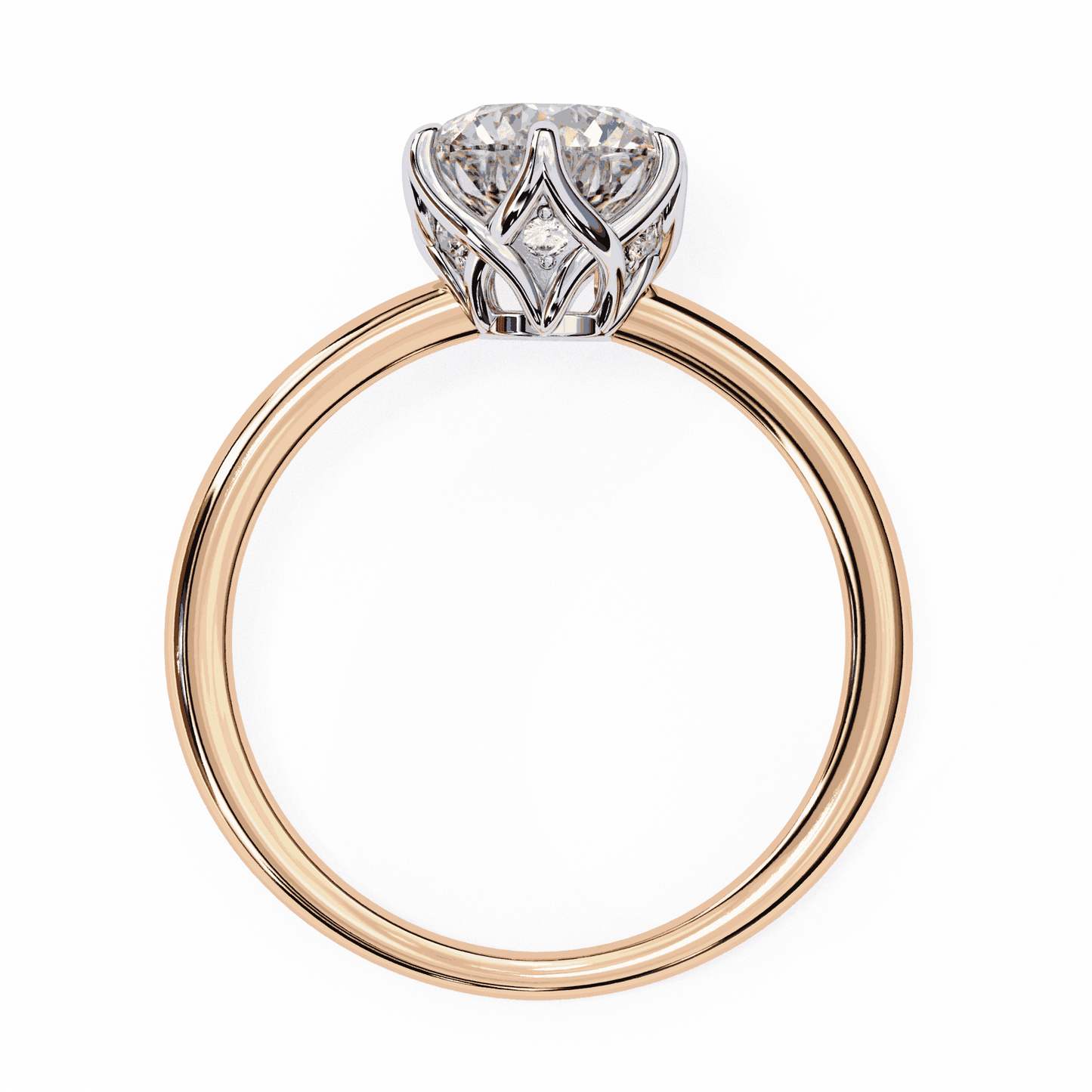 Round Cut Lab Grown Diamond Solitaire Engagement Ring with Tulip Gallery and Hidden Accents