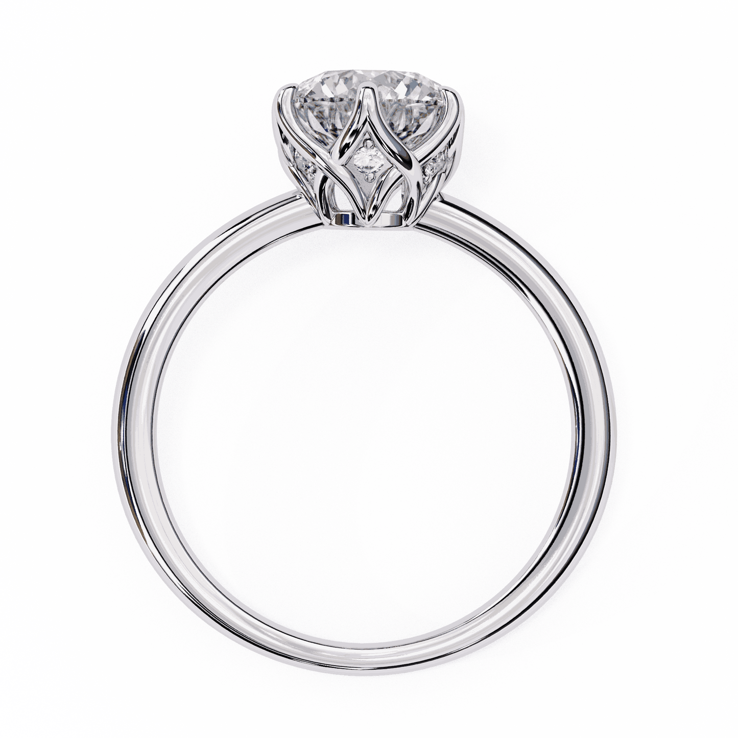 Round Cut Lab Grown Diamond Solitaire Engagement Ring with Tulip Gallery and Hidden Accents