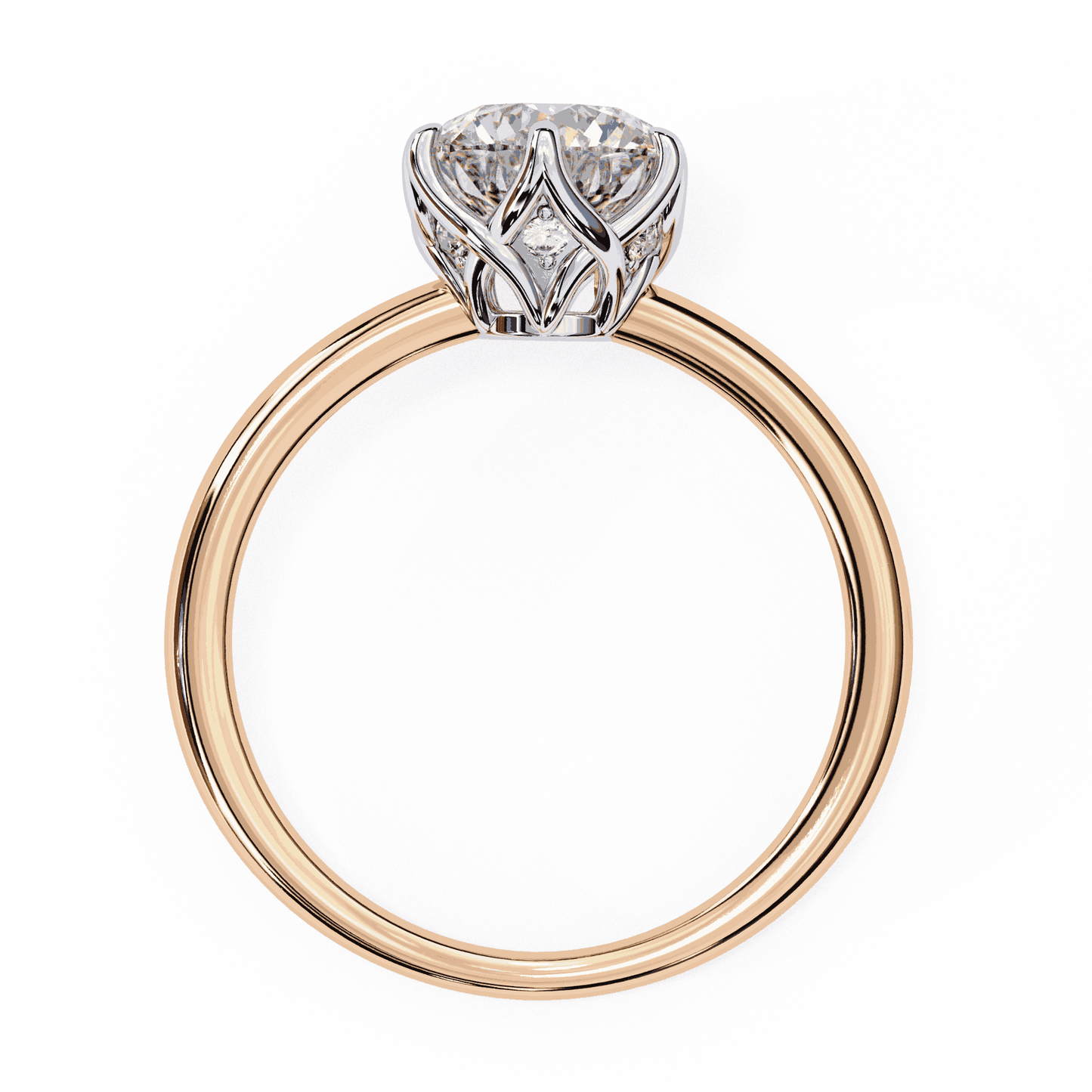 Round Cut Lab Grown Diamond Solitaire Engagement Ring with Tulip Gallery and Hidden Accents