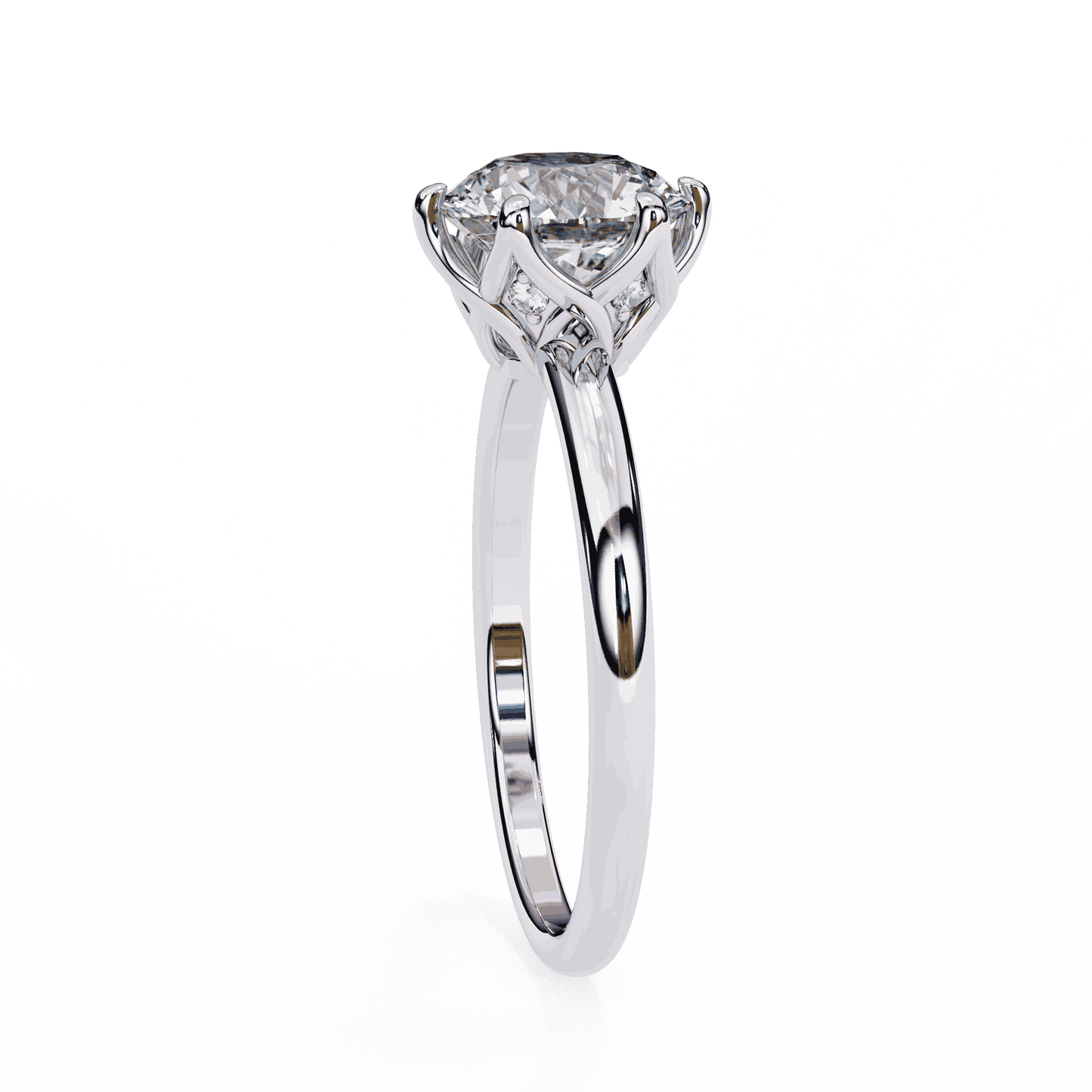Round Cut Lab Grown Diamond Solitaire Engagement Ring with Tulip Gallery and Hidden Accents