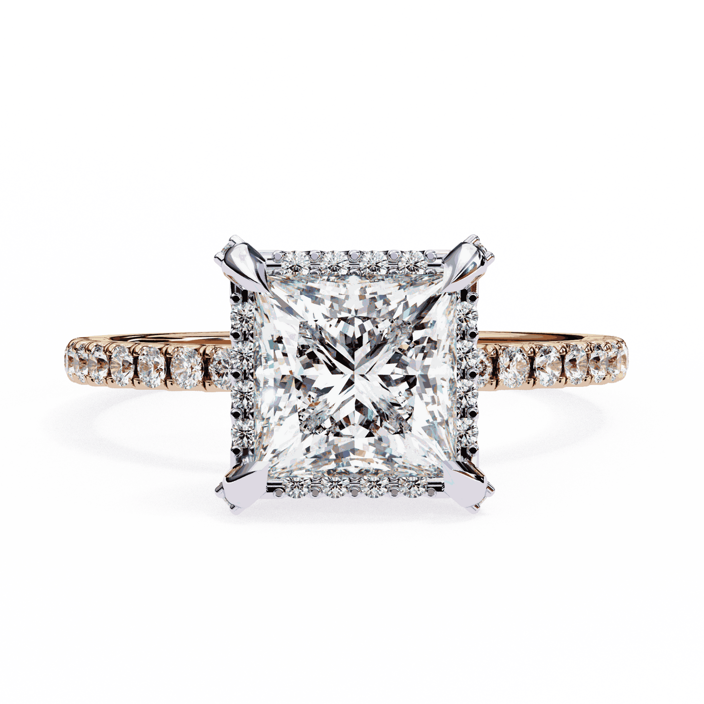 Princess Cut Lab Grown Diamond Hidden Halo Engagement Ring with Pavé Band
