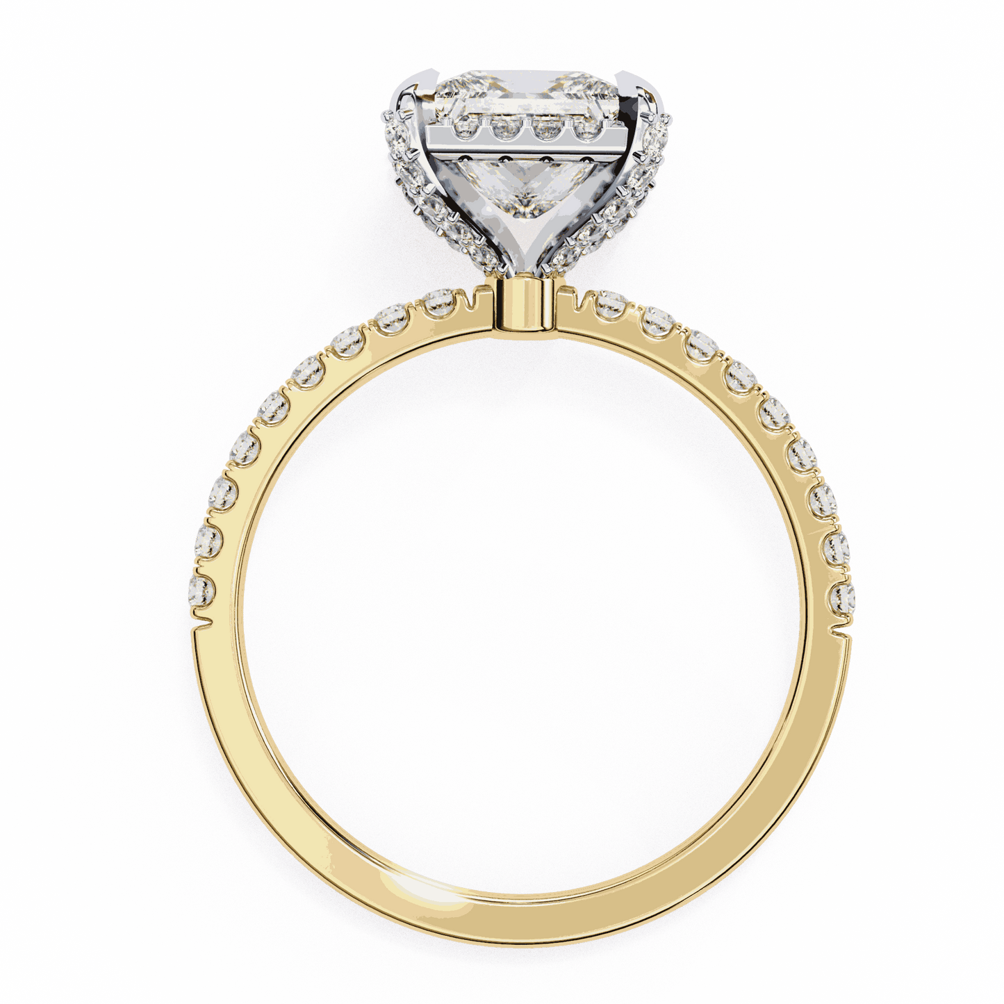 Princess Cut Lab Grown Diamond Hidden Halo Engagement Ring with Pavé Band
