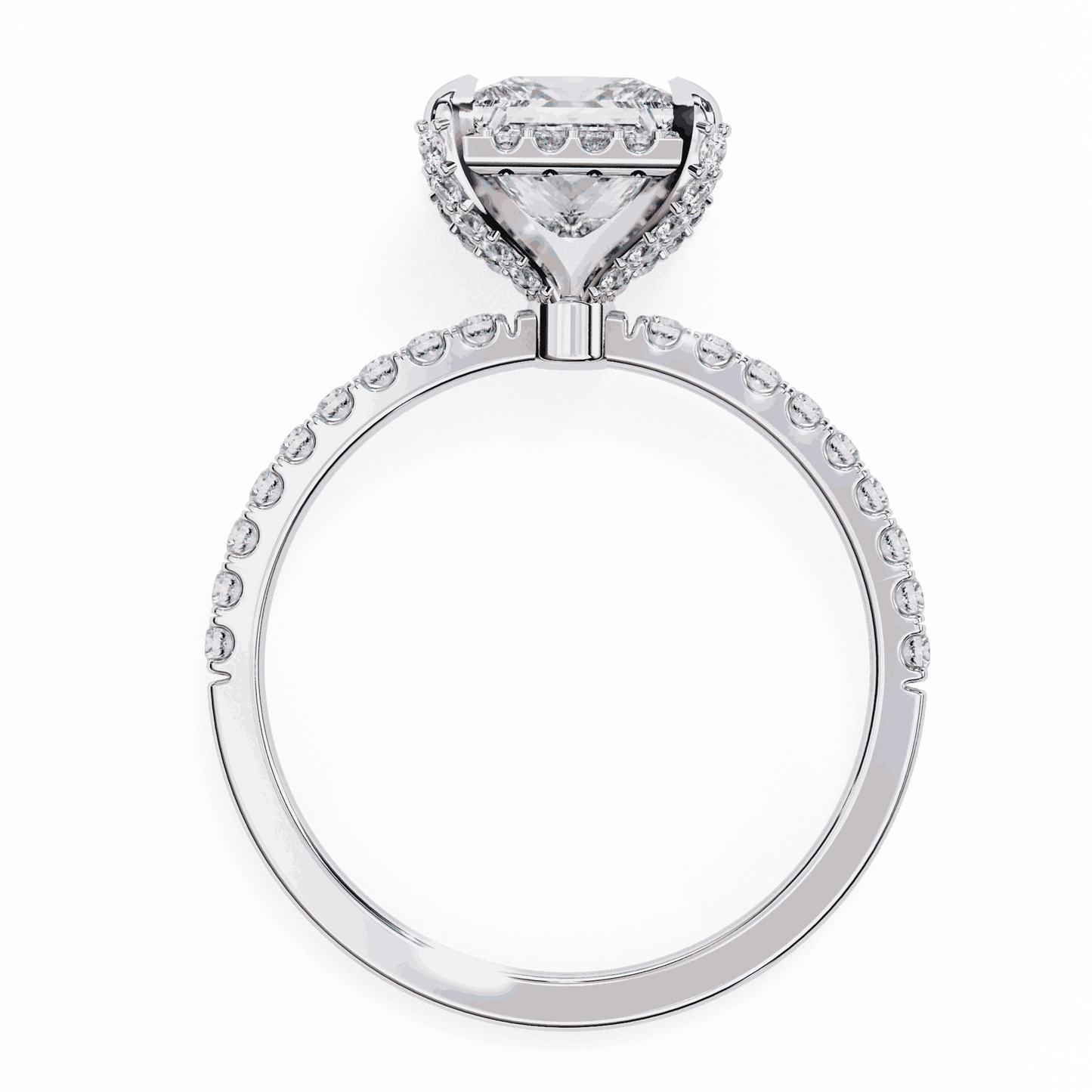 Princess Cut Lab Grown Diamond Hidden Halo Engagement Ring with Pavé Band