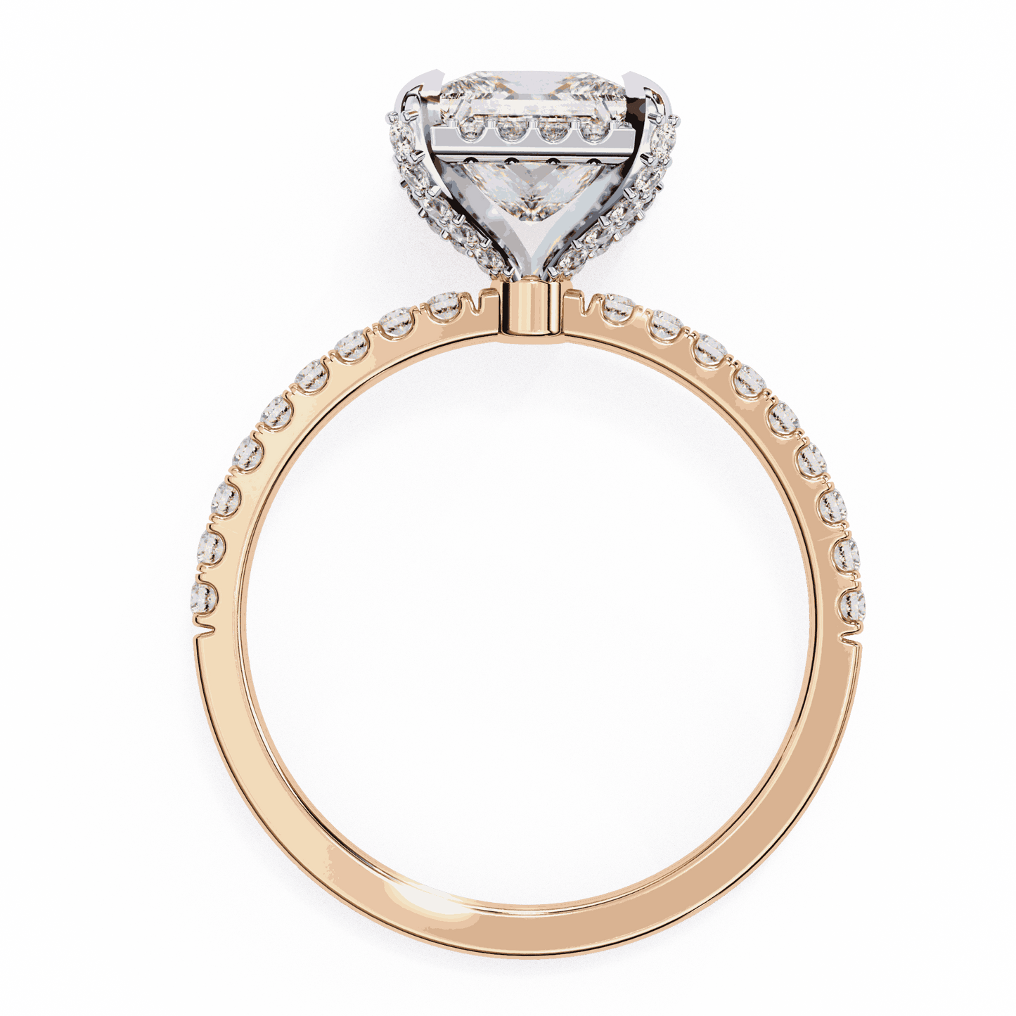 Princess Cut Lab Grown Diamond Hidden Halo Engagement Ring with Pavé Band
