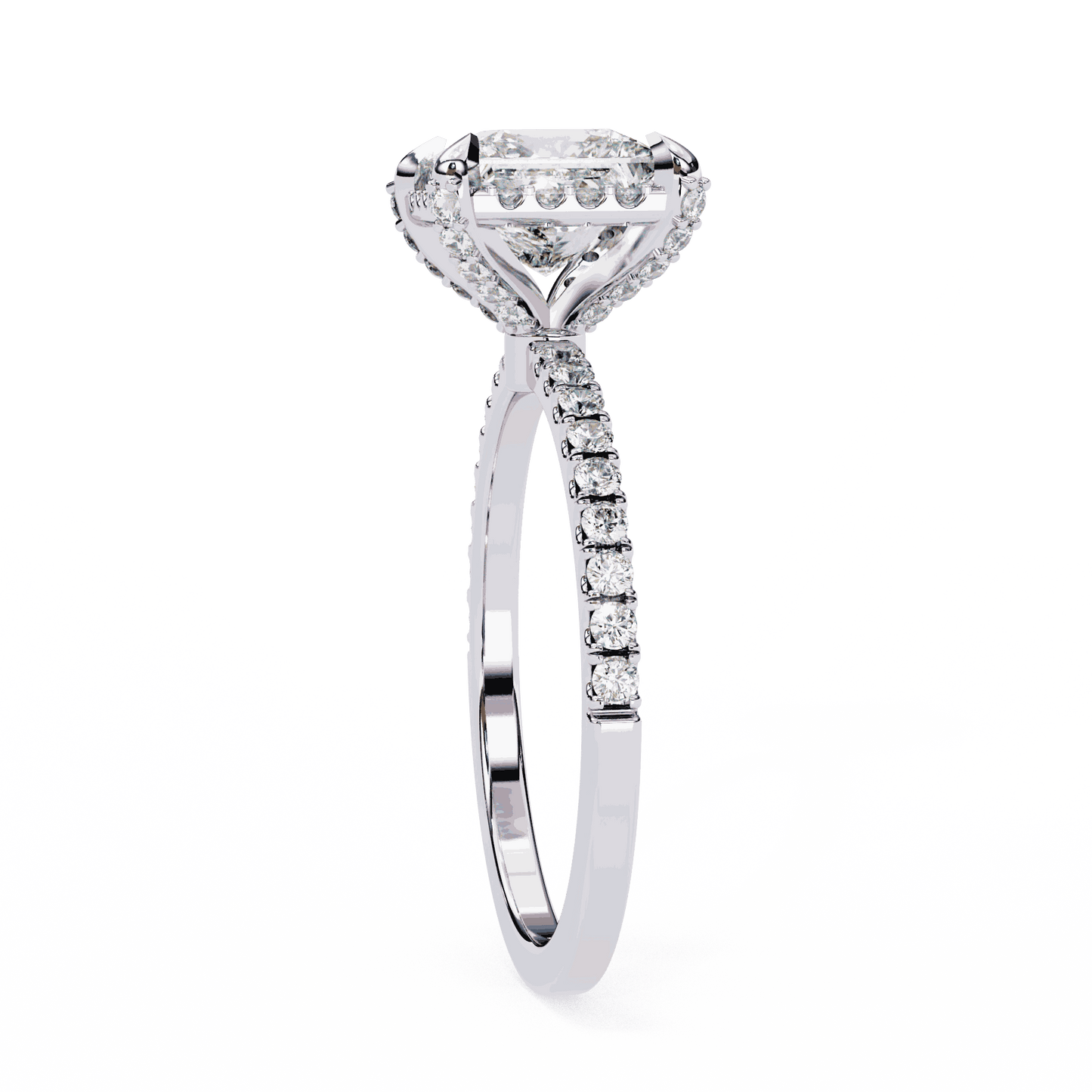 Princess Cut Lab Grown Diamond Hidden Halo Engagement Ring with Pavé Band