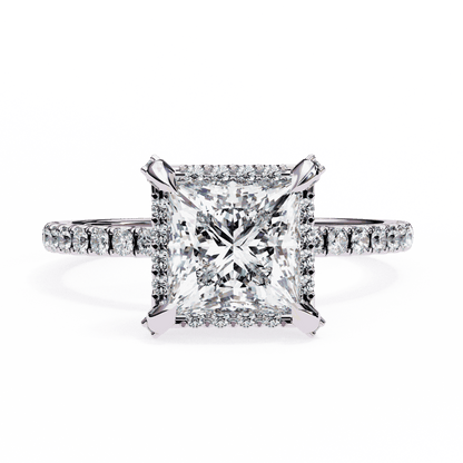 Princess Cut Lab Grown Diamond Hidden Halo Engagement Ring with Pavé Band