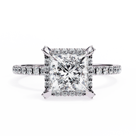 Princess Cut Lab Grown Diamond Hidden Halo Engagement Ring with Pavé Band