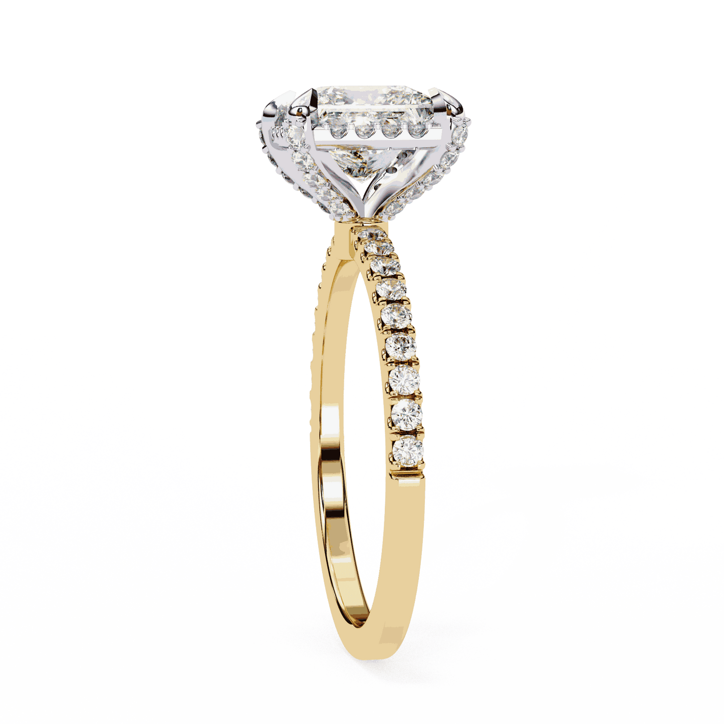 Princess Cut Lab Grown Diamond Hidden Halo Engagement Ring with Pavé Band