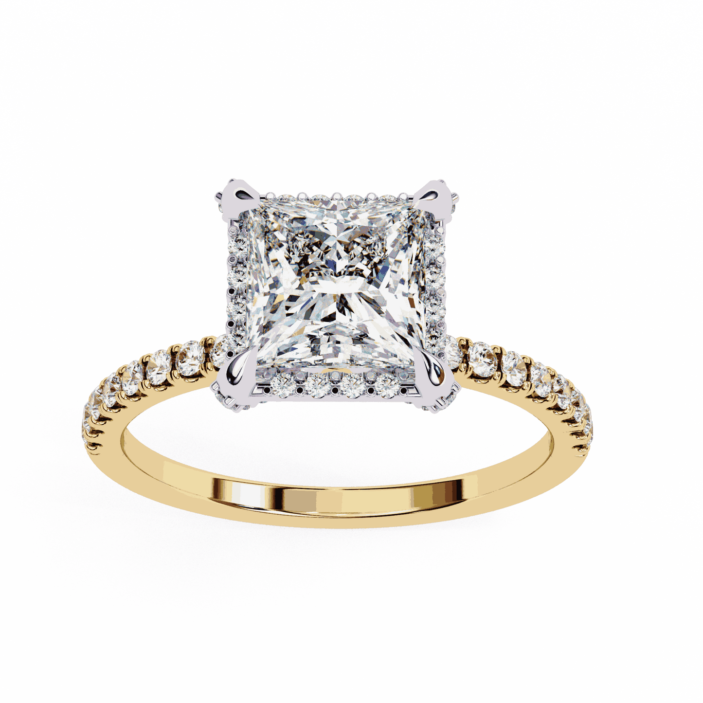 Princess Cut Lab Grown Diamond Hidden Halo Engagement Ring with Pavé Band