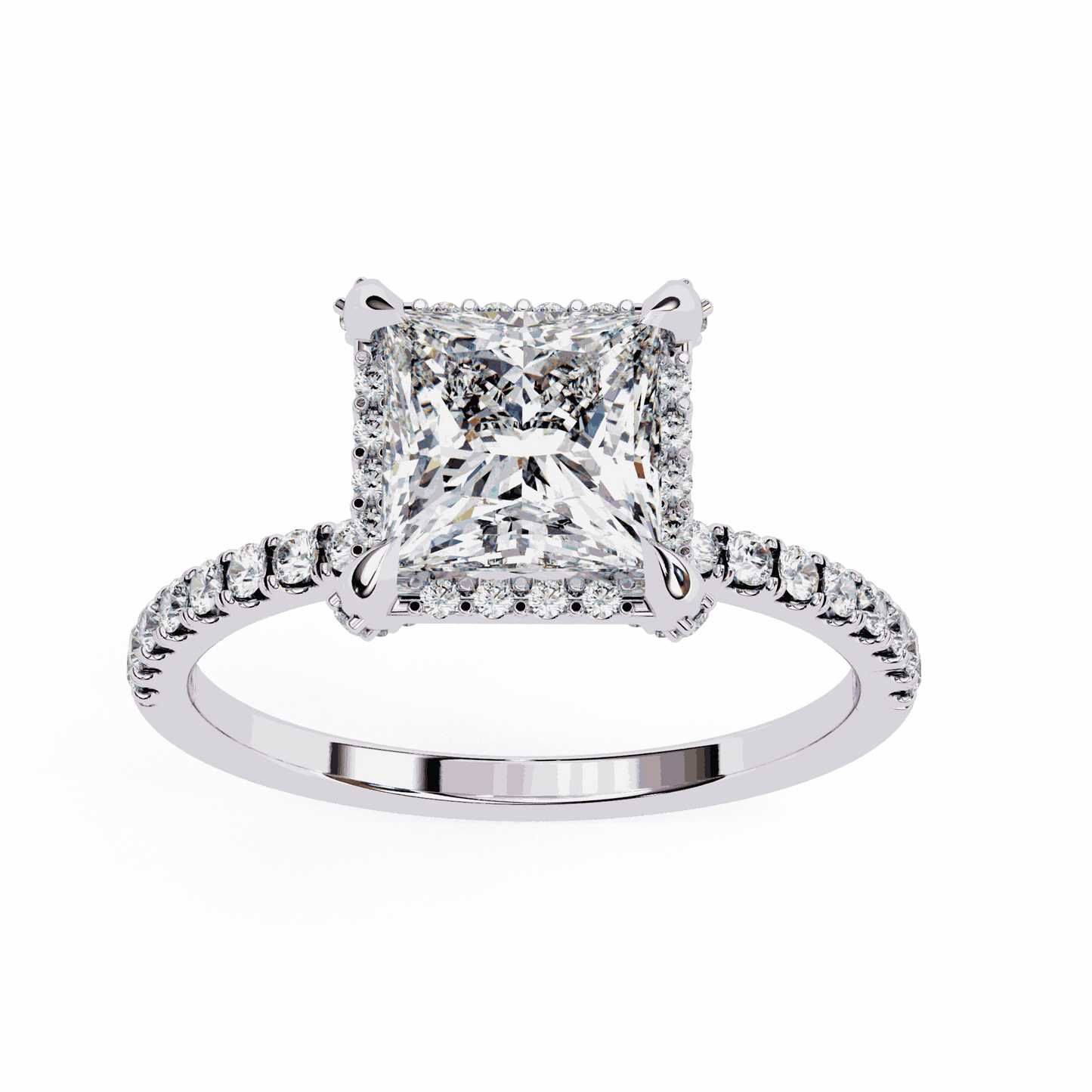 Princess Cut Lab Grown Diamond Hidden Halo Engagement Ring with Pavé Band