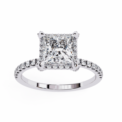 Princess Cut Lab Grown Diamond Hidden Halo Engagement Ring with Pavé Band