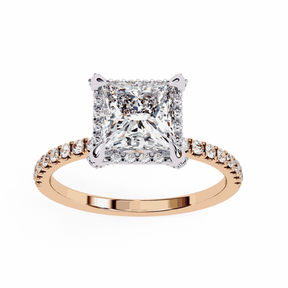 Princess Cut Lab Grown Diamond Hidden Halo Engagement Ring with Pavé Band