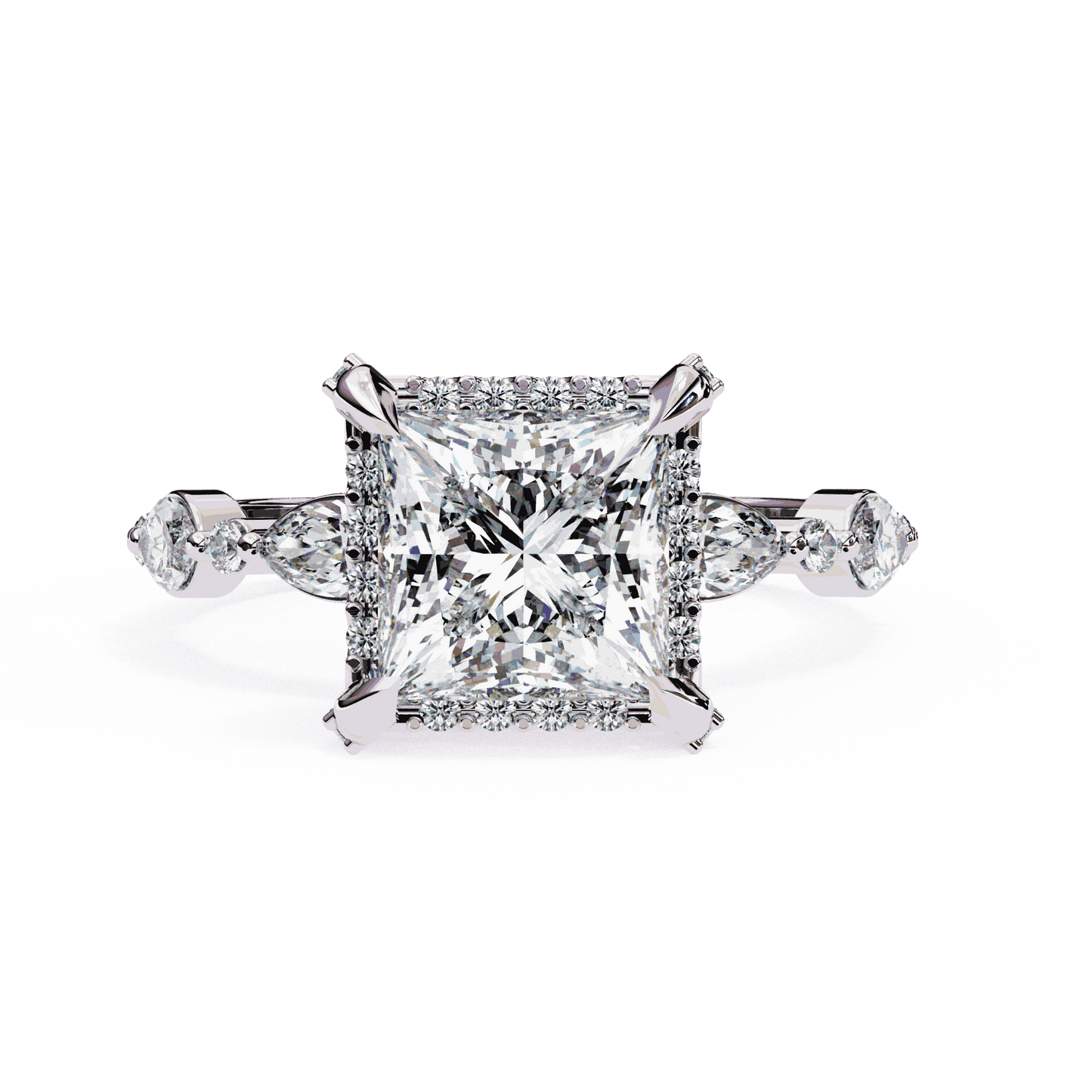 Princess Cut Lab Grown Diamond Hidden Halo Engagement Ring with Marquise Side Stones