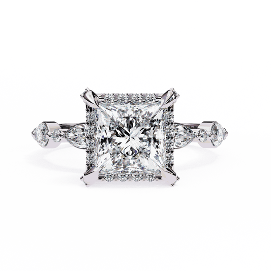 Princess Cut Lab Grown Diamond Hidden Halo Engagement Ring with Marquise Side Stones