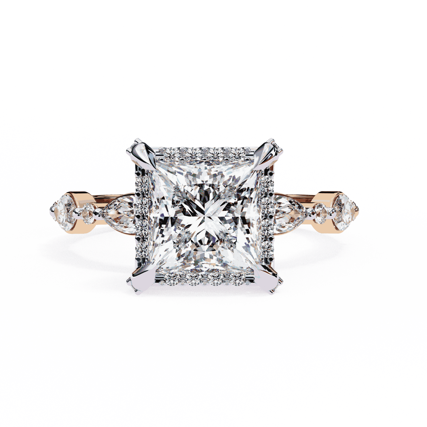 Princess Cut Lab Grown Diamond Hidden Halo Engagement Ring with Marquise Side Stones