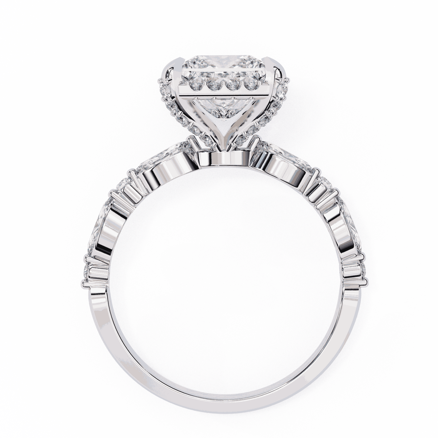 Princess Cut Lab Grown Diamond Hidden Halo Engagement Ring with Marquise Side Stones