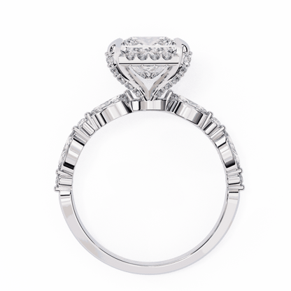 Princess Cut Lab Grown Diamond Hidden Halo Engagement Ring with Marquise Side Stones