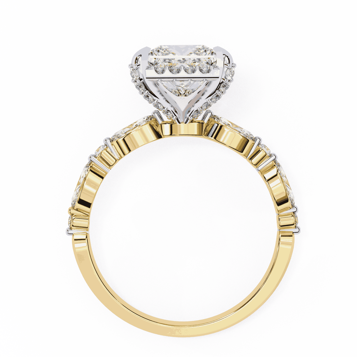 Princess Cut Lab Grown Diamond Hidden Halo Engagement Ring with Marquise Side Stones